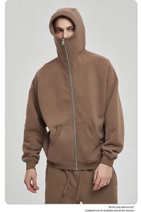 Sweat à capuche zippé surdimensionné avec logo personnalisé, ensemble de jogging, vêtements de ville d'hiver, survêtement en coton molletonné, capuche couvrant le visage de couleur unie - Product Image 3