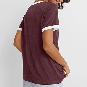 เสื้อทูนิคสำหรับผู้หญิงใส่ในฤดูร้อนเสื้อยืดคอวีผ้าแคนวาสแขนสั้นสีแดงสีไวน์ลำลองปักลายมีกระเป๋าดีไซน์สำหรับผู้หญิง - Product Image 5