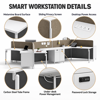 Poste de travail en panneaux pour 6 personnes, configuration croisée avec cloisons coulissantes et alimentation électrique intégrée pour studio