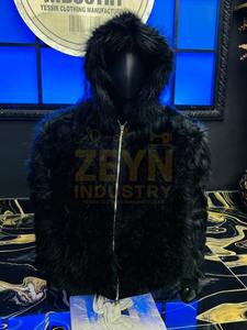 <b>Mens</b> <b>Black</b> Faux Fur Hoodie Winter Warm Plush Zip Up Streetwear Jacket OEM Custom Logo Luxury Faux Fur <b>Mens</b> Hoodies - Product Image 3