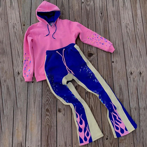 400gsm Applique Patches Broderie Rhinestone Acid Wash Sun Faded Flared Sweatsuit Raw Hem Hoodie Sweatpants Set Tracksuit Men - Product Image 1