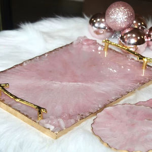 Ensemble de plateaux Art Déco en bois faits à la main de luxe avec sous-verres à motif végétal et design flocons d'or pour mariage - Product Image 1