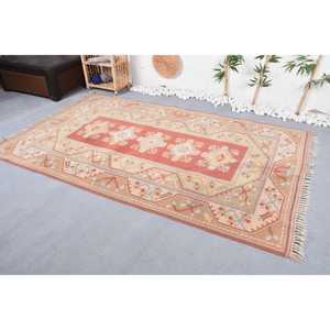 พรมตุรกีขนาดใหญ่ 5.2x8.4 ฟุต พรมวินเทจ พรมลายตารางสีเบจทำจากขนสัตว์ - Product Image 3