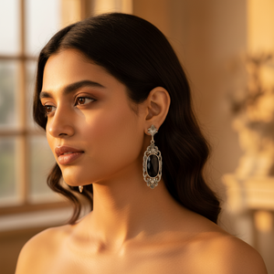 Boucles d'oreilles pendantes en argent 925 pour femmes avec perle d'eau douce et onyx - Product Image 1