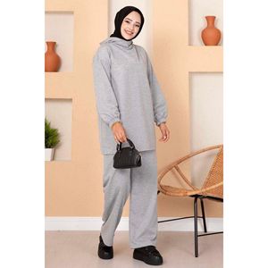 Ensemble 2 pièces en tissu polaire à capuche gris, décontracté, taille XS, logo personnalisé, tricot de haute qualité pour les tenues d'automne, haut ajusté court - Product Image 1