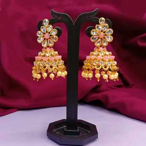 Boucles d'oreilles en fausse perle Kundan en cristal indien fournisseur de boucles d'oreilles en plaqué or Jhumka Jhumki ensemble de bijoux de boucles d'oreilles de mariée pour femmes - Product Image 2