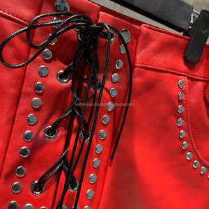 Fashionable Red Women Casual <b>Leather</b> Lace <b>Shorts</b> with Drawstring Closure Belt Loops Side Stripes for Party & Daily Wear - Product Image 3