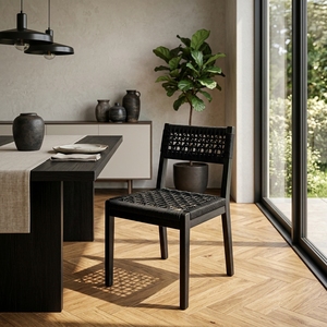 Chaise de salle à manger en bois massif noir avec rotin tressé, chaise d'appoint sans accoudoirs en toile noire anthracite pour extérieur, patio, jardin, décoration artistique - Product Image 4