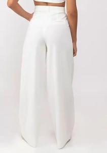 Haute qualité coton mélangé maigre solide femmes bureau naturel taille décontracté deux fois tissu large jambe pantalon fabriqué au Vietnam - Product Image 3