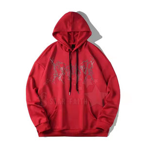 Sweat à capuche délavé à l'acide pour hommes de style urbain en coton mélangé avec strass détaillant motif imprimé scintillant pull d'hiver - Product Image 1
