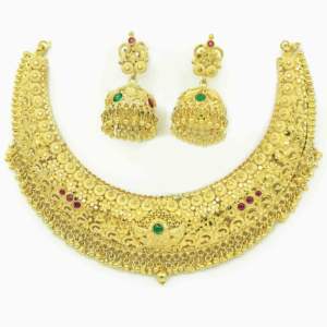 Vente en gros de colliers et de boucles d'oreilles traditionnels en or plaqué or 14K, 18K, 24K pour femmes, design floral, bijoux en laiton doré tendance - Product Image 3