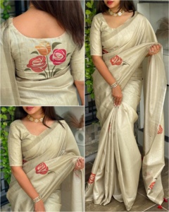 Ropa de boda exclusiva última tendencia nueva llegada Lino algodón estampado a mano Sari compras en línea India - Product Image 5