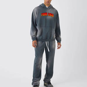 Ensemble de sweat-shirt d'hiver imprimé délavé à l'acide personnalisé pour hommes, pantalon de survêtement évasé brodé, survêtement vintage streetwear, coton léger - Product Image 1