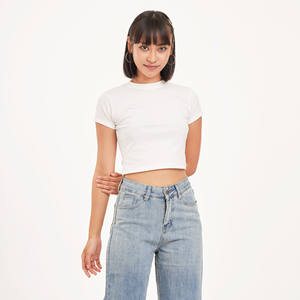 Babytee <b>Cropped</b> Tshirt Breathable Anti-Pilling Short Sleeve <b>White</b> Color O-Neck Collar <b>Women's</b> <b>Tops</b> Clothing Made in Thailand - Product Image 3