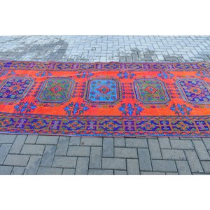 พรมตุรกีขนาด 4.3x11.5 ฟุต, พรมวินเทจลายทาง, พรมลายสัตว์สีแดงน้ำเงิน - Product Image 3