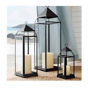 <b>Glass</b> And Metal Black Color Hanging Lantern <b>Set</b> <b>Of</b> Three Different Size Lantern For Home And Wedding Decor - Product Image 1