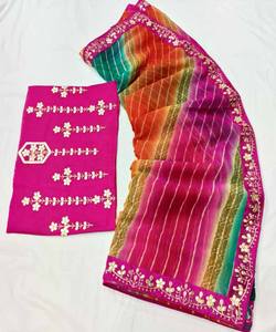 Magnifique nouveau designer de style Bollywood dernier beau sari de couleur bleue avec chemisier non cousu en vêtements ethniques ethniques - Product Image 3