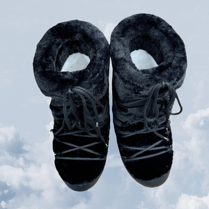 Bottes longues rétro en fourrure épaisse noires pour femmes, style étoile et lune, chaussures décontractées chaudes et confortables pour l'extérieur - Product Image 2