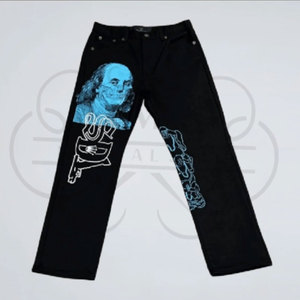 Pantalones de cintura alta ajustados con borlas hasta el tobillo microacampanados, pantalones vaqueros de nueva moda para hombres, diamantes de imitación estampados de industria pesada sublimados - Product Image 2