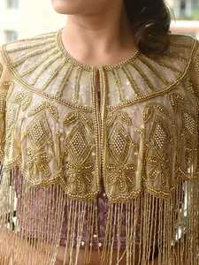 <b>Fringe</b> <b>Beaded</b> Tassel Cape Sequin Embroidery Metallic 100% Polyester Fabric Sleeveless Empire Waist A-Line Silhouette Club Dress - Product Image 4