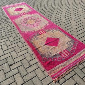 Turkish <b>Rug</b>, <b>Runner</b> 3.4x12.2 ft Vintage <b>Rug</b>, Pink Polka dot Wool <b>Rug</b> - Product Image 1
