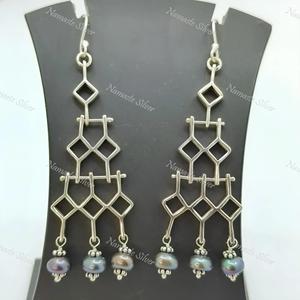 Handmade Sterling Silver <b>Grey</b> <b>Pearl</b> Dangle <b>Earrings</b>, Geometric Design - Product Image 6
