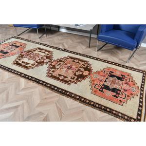 3.8x11.2 ft Vintage Runner Rug Turkish <b>Brown</b> Patchwork <b>Wool</b> Rug with Eco-Friendly Latex Backing - Product Image 5