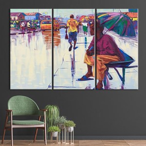 Jour de pluie urbain : Tableau imprimé sur toile pour décoration murale culturelle, 3P : encadré blanc - Product Image 1