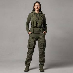 Custom Women Techwear Tracksuit Set Olive Drab <b>Green</b> Multi 3D Pocket Cargo Pants Tactical <b>Vest</b> Detail Hoodie Utility Streetwear - Product Image 1