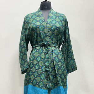 <b>Women's</b> Recycled Silk Sari Kimono Nightdress Summer Spring Indian Style Bathrobe Sleepwear Front V-neck Drawstring Closure Soft - Product Image 1