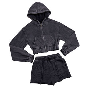 Ensemble Jogging à Capuche Zippé Effet Vieilli pour Femme – Survêtement Court Brodé avec Appliques et Lavage Acide - Product Image 1