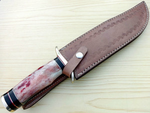 Couteau Bowie de chasse en acier damas fait à la main avec manche en os de couleur et gaine en cuir OEM personnalisable pour les utilisateurs de bricolage. - Product Image 6
