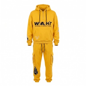 Conjunto Deportivo OEM Streetwear con Sudadera con Cierre de Cremallera y Pedrería Bordada, Pantalones Deportivos Cargo, 420 GSM, Amarillo Girasol, Logotipo Personalizado - Product Image 1