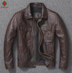 Chaqueta Bomber de Cuero Marrón Vintage para Hombre, Diseño Casual de Invierno |   Bolso de Mano con Bolsillo de Solapa Desgastado, Cierre de Cremallera, Forro de Lana, Hecho a Mano - Product Image 1