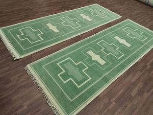 Tapis à poils bas Kilim en laine nouée géométrique abstraite verte faite à la main | Tapis moderne de taille personnalisée | Tapis à tissage plat - Product Image 4