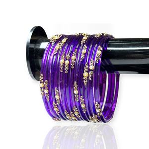 Dark Purple Gold Plated Trendy Glass Bangles Set with Emerald Cut Pearl Stone Work for Bridal <b>Wedding</b> & Party Wear - Product Image 2
