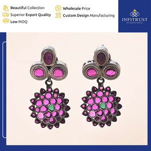 Experts in Selling 100% Assured Quality Ruby Stone <b>Studded</b> Oxidised Silver Women's Drops Earrings for Women's Casual Wear - Product Image 2