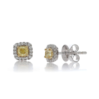 Boucles d'oreilles clous en diamant jaune naturel taille coussin, halo de diamants blancs, or 14 carats, certifiées IGI, pour mariage, anniversaire, fête