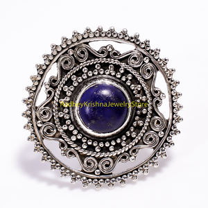 แหวนเงินแท้ 925 ลายฉลุ ประดับด้วยพลอยลาพิส ลาซูลี รูปทรงวงรี แบบวินเทจ |   เครื่องประดับหินสีน้ำเงินทำมือ - Product Image 3