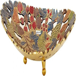 Bol ovale en laiton fait main de 28 cm avec Meena Work multicolore et sculpture en métal écologique au design floral pour les occasions de fête - Product Image 1