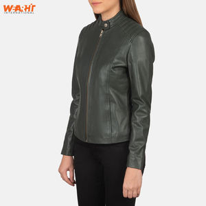 Chaqueta verde ajustada de cuero genuino para mujer de estilo motorista moderno, ropa de abrigo transpirable con cuello levantado y cierre de cremallera - Product Image 3