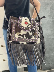 <b>Women's</b> Cowhide Leather Fur Fringe Handbag Stylish New Design <b>Large</b> Capacity Lightweight <b>Purse</b> Hair Hide Hot Selling Bohemian - Product Image 5