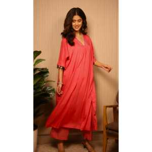 Ensemble Kaftan Bohème Rose Vif en Chiffon Respirant à Col en V pour Printemps/Été avec Hauts à Manches Trois-Quarts - Product Image 2