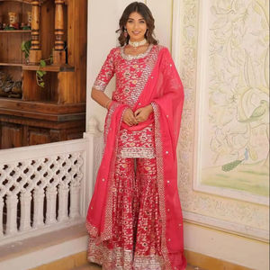 ผ้าแจ็คการ์ดวิสโคปสำหรับผู้หญิงแบบดั้งเดิมปักเลื่อม zari สำหรับงานเทศกาลอินเดีย - Product Image 1