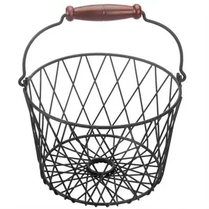 Iron Round Storage Basket Dead Matt Black Colour with Wooden Handle Floral Basket in Easter Multi Purpose Storage Serving Gifts