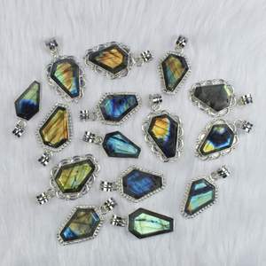 Designer Coffin Shape Labardorite Gemstone Necklace with Bezel Setting Inlay Multi Faceted <b>Pendant</b> Jewelry - Product Image 5