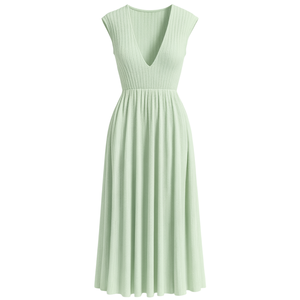 Robe mi-longue pour femme, en tricot côtelé, col rond, nylon, unie, simple, décontractée, élégante, respirante, manches courtes - Product Image 1