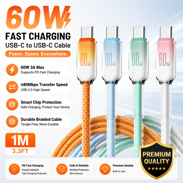 Colorful Braided Cable 60W 3A USB 2.0 Type-C to Type-C 1M Nylon Quick Charge USBC to C Cable for Computer Phone Cell Support Oem