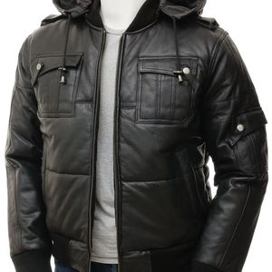 Blouson Bomber en Cuir Véritable à Capuche Unisexe Style Urbain Logo Avant Coupe-Vent Hiver Enduit - Product Image 1