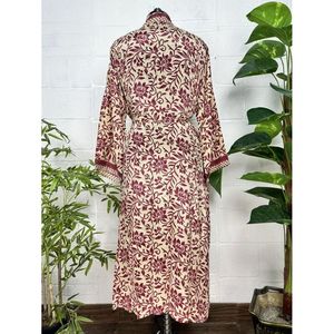 Bohemian New Silk Sari Kimono Beige Red Floral Luxury Anniversary Birthday Gift Soft <b>Robe</b> for Women for Summer House <b>Beach</b> - Product Image 5